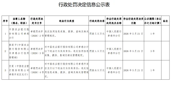 农业银行孝感分行被罚7.5万元:违反信用信息采集、提供、查询及相关管理规定